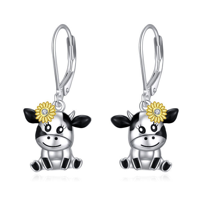 Sterling Silver Circular Shaped Cubic Zirconia Cow & Sunflower Drop Earrings-3