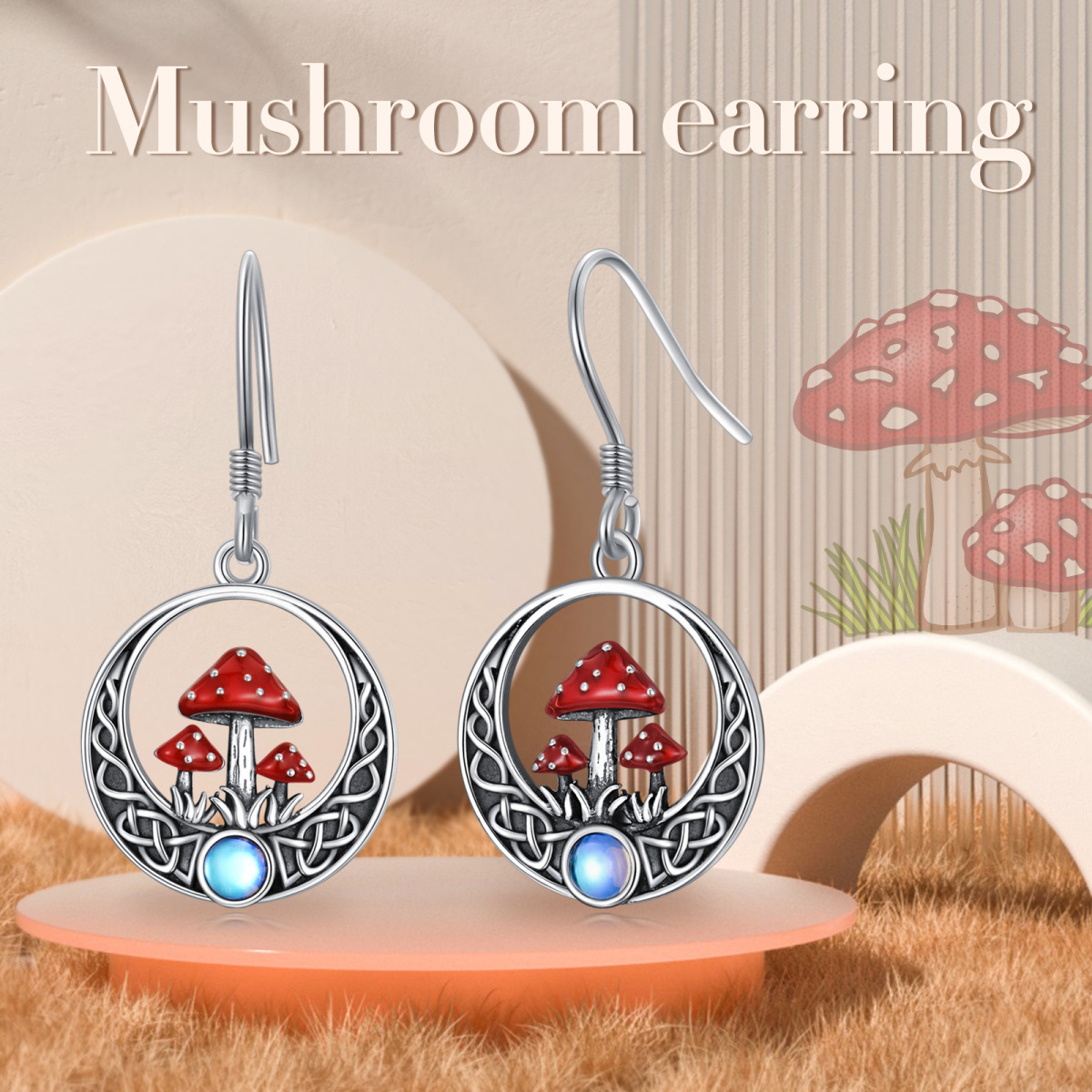 Sterling Silver Moonstone Mushroom & Celtic Knot Drop Earrings-5