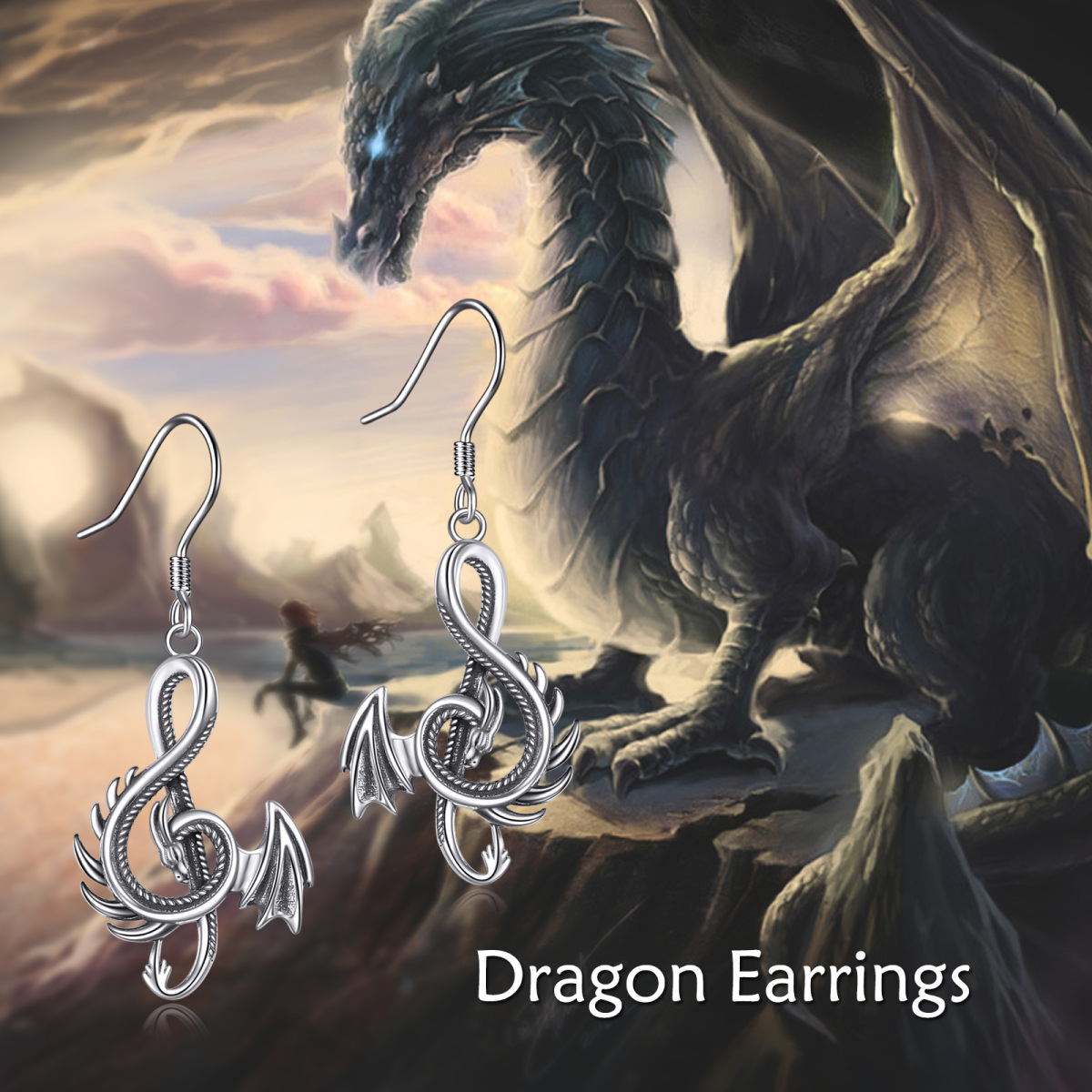 Sterling Silver Dragon & Music Symbol Drop Earrings-6