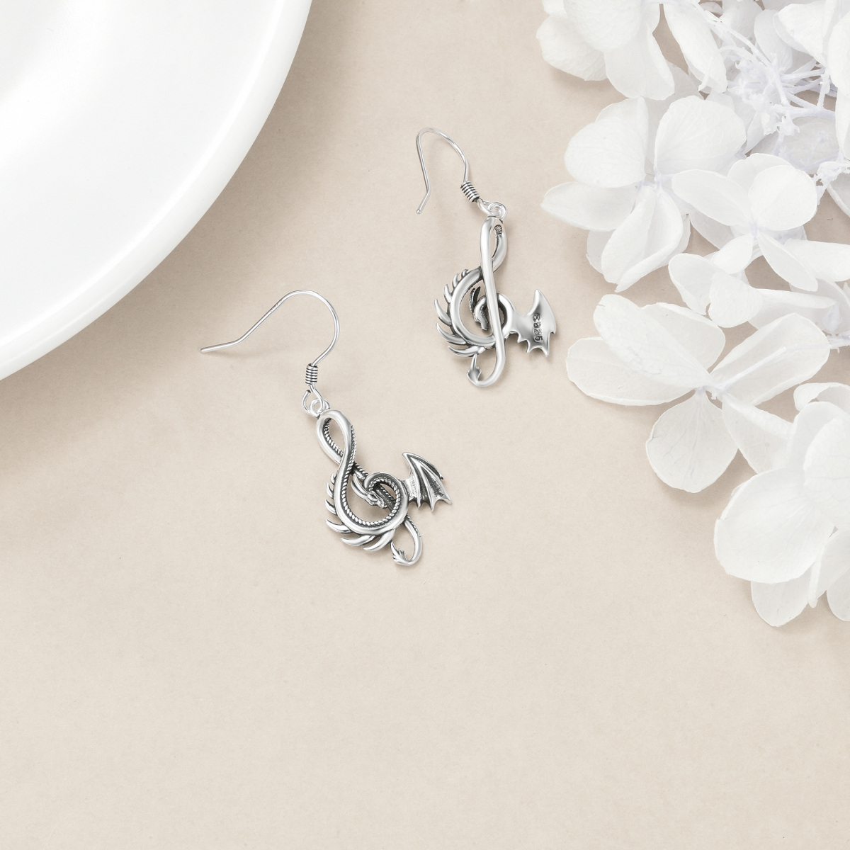 Sterling Silver Dragon & Music Symbol Drop Earrings-4