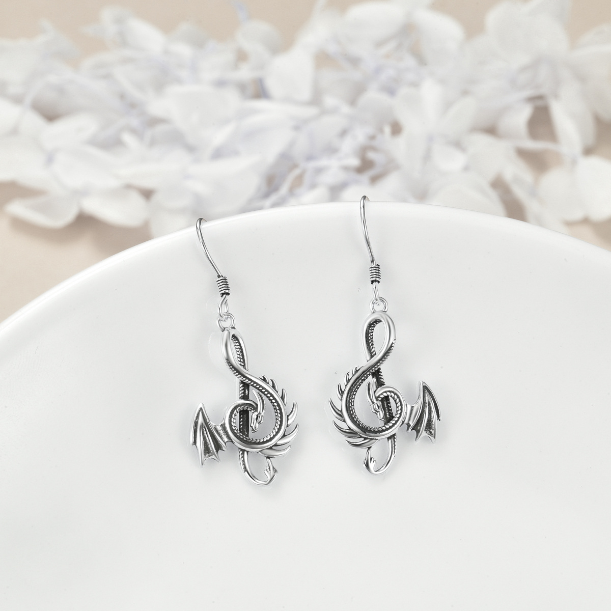 Sterling Silver Dragon & Music Symbol Drop Earrings-3