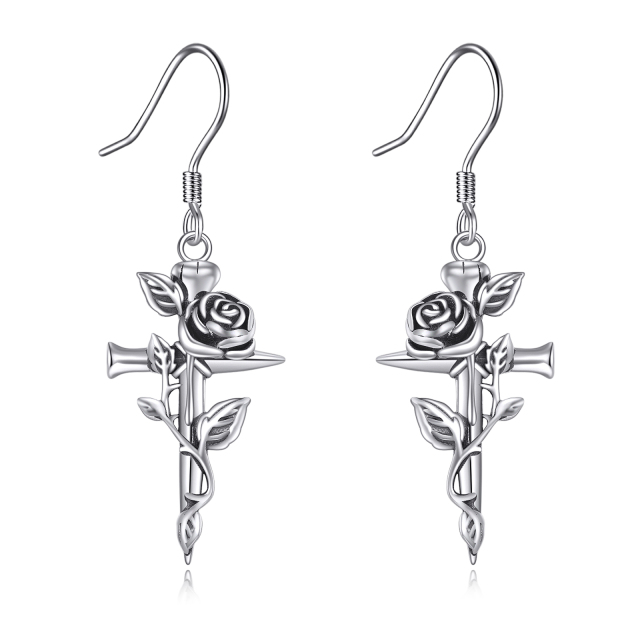 Sterling Silver Rose & Cross Drop Earrings-3