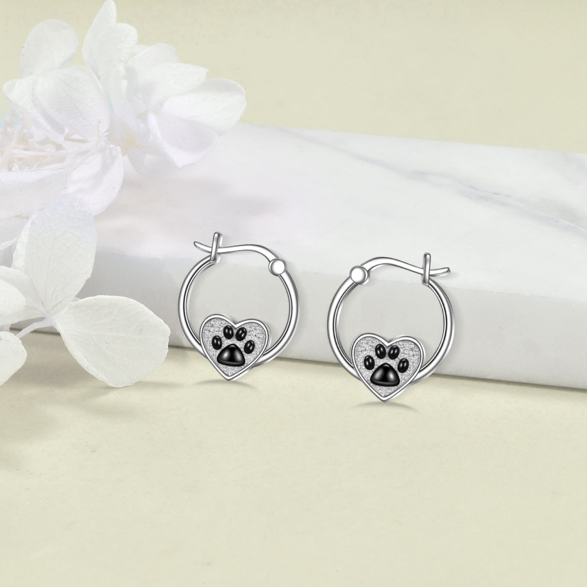 Sterling Silver Dog & Paw & Heart Hoop Earrings-3