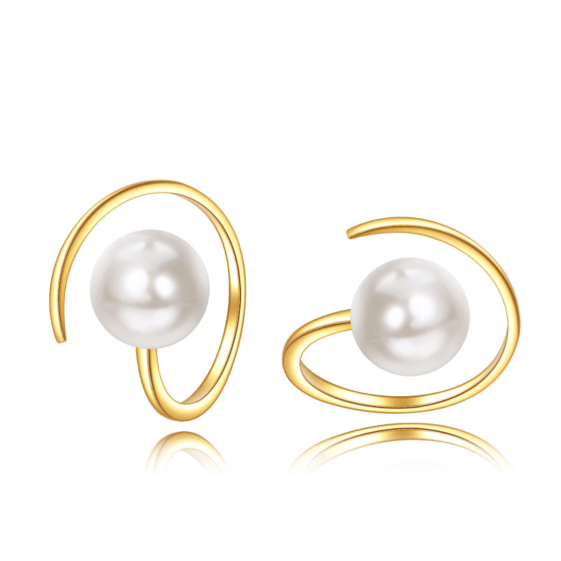 14K Gold Pearl Round Hoop Earrings