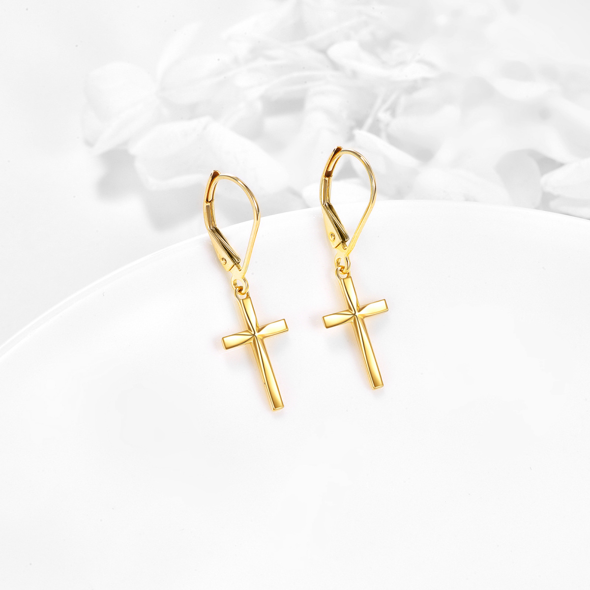 14K Gold Cross Lever-back Earrings-4