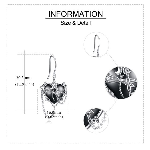 Sterling Silver with Black Rhodium Dragonfly & Heart Drop Earrings-4