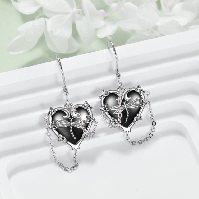Sterling Silver with Black Rhodium Dragonfly & Heart Drop Earrings-2