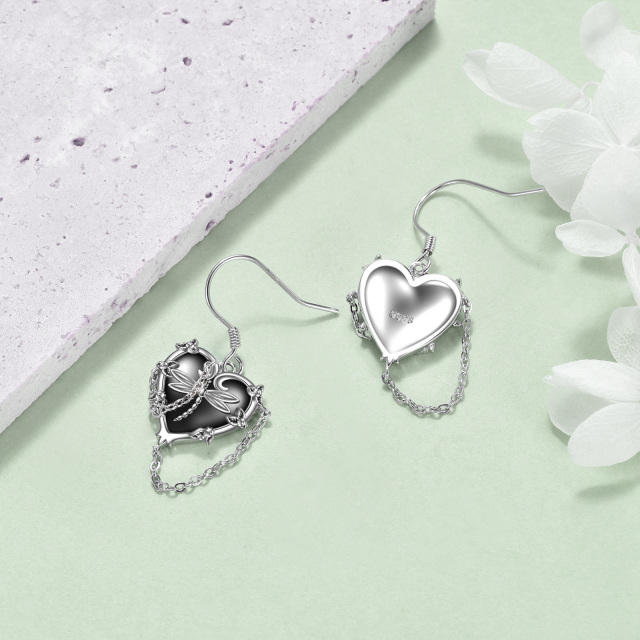 Sterling Silver with Black Rhodium Dragonfly & Heart Drop Earrings-3