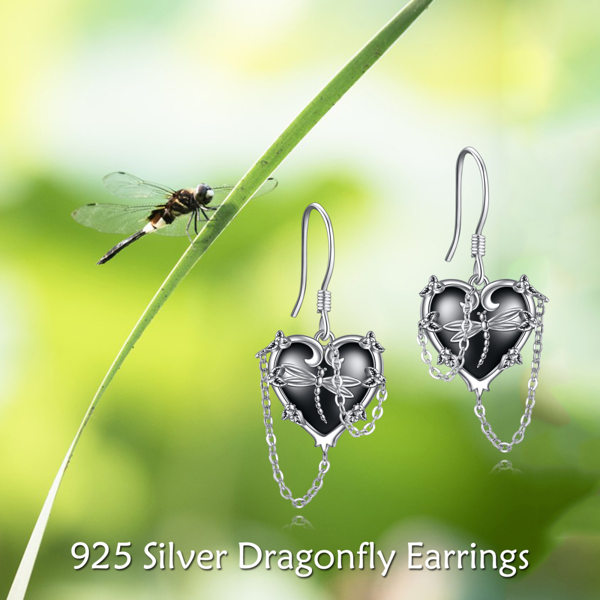 Boucles d'oreilles pendantes libellule et coeur en argent sterling avec rhodium noir-6