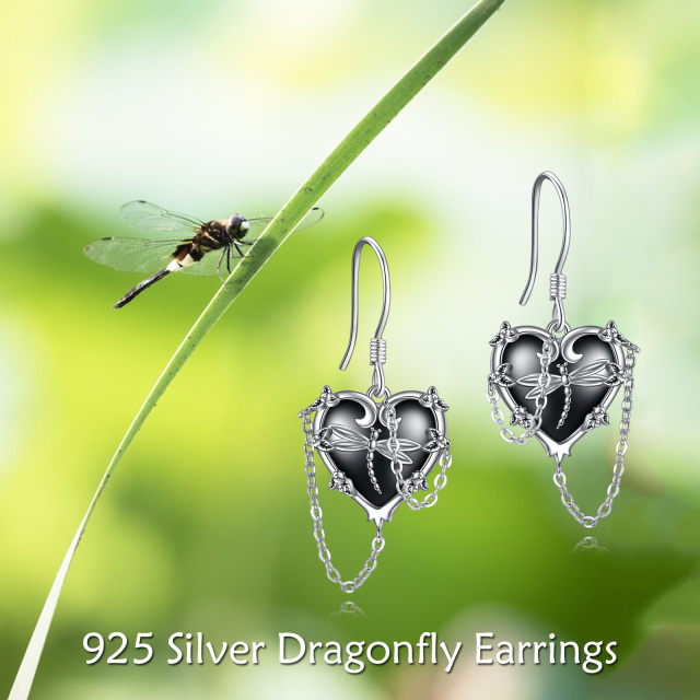 Sterling Silver with Black Rhodium Dragonfly & Heart Drop Earrings-5