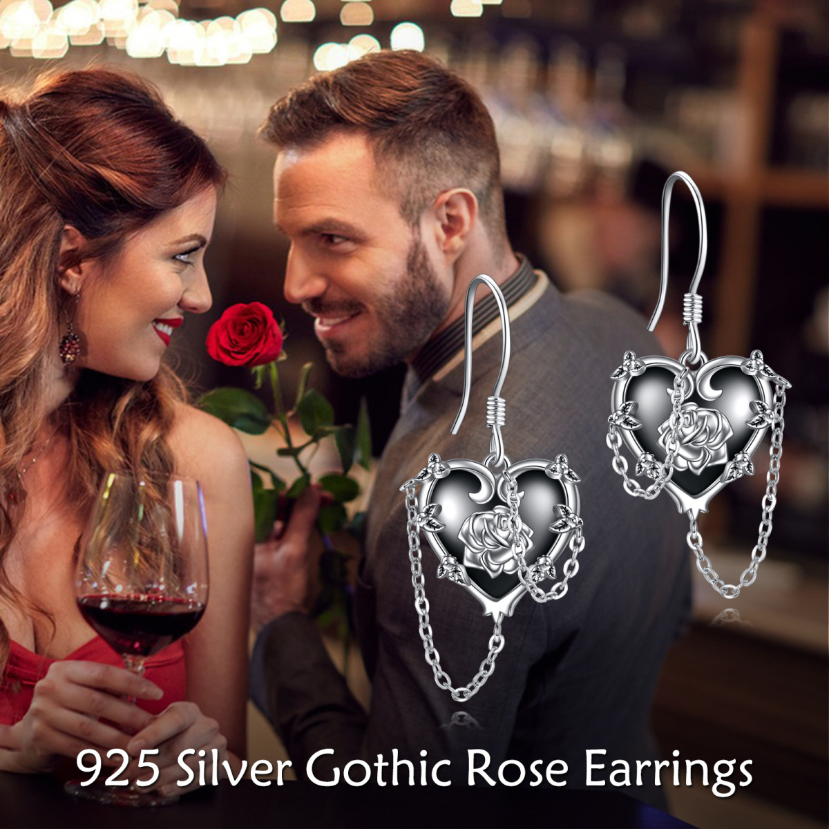 Sterling Silver Two-tone Zircon Rose & Cross & Heart & Skull Drop Earrings-6