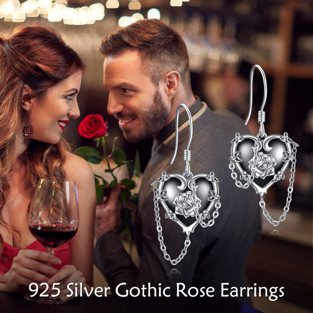 Sterling Silver Two-tone Zircon Rose & Cross & Heart & Skull Drop Earrings-5