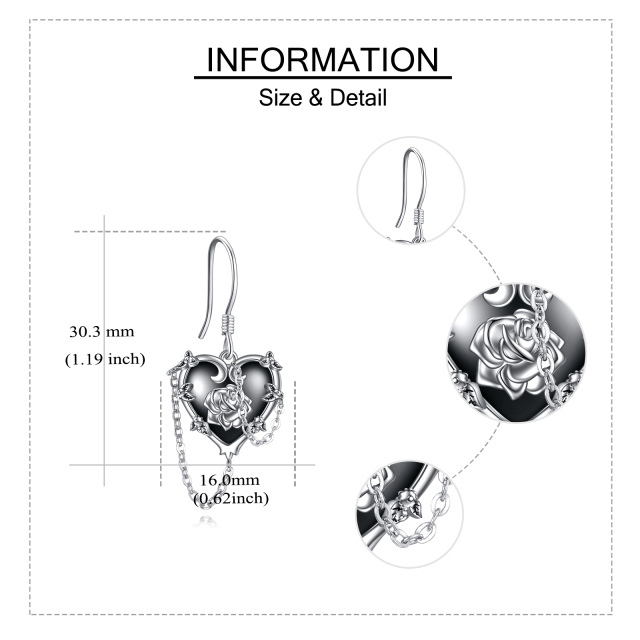 Sterling Silver Two-tone Zircon Rose & Cross & Heart & Skull Drop Earrings-4