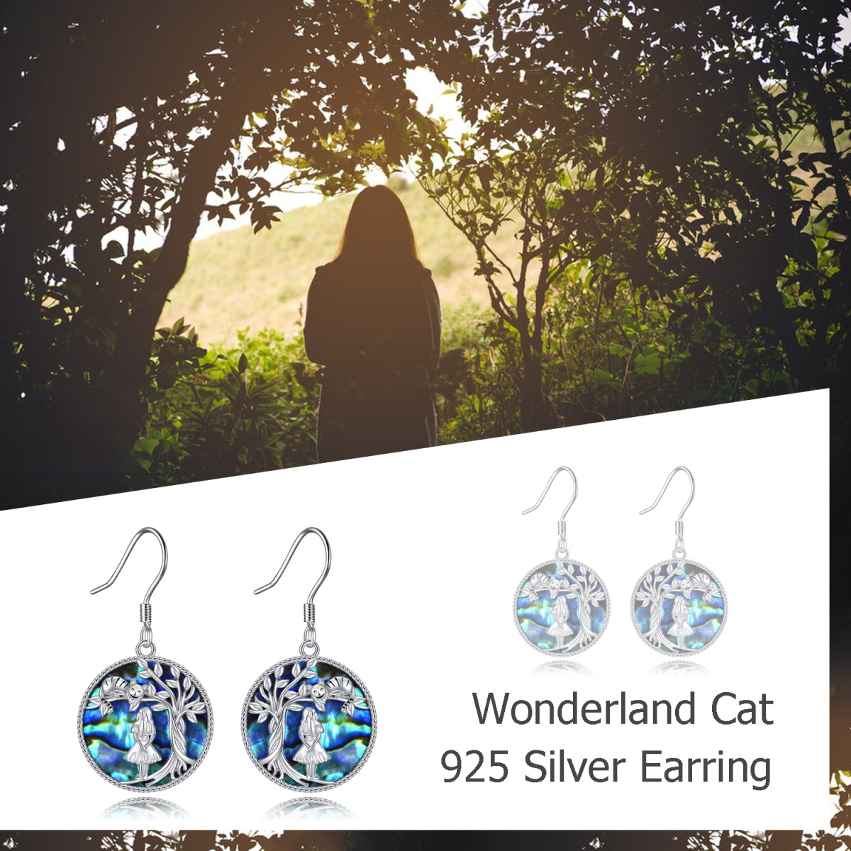 Sterling Silver Round Abalone Shellfish Cat & Tree Of Life Drop Earrings-6