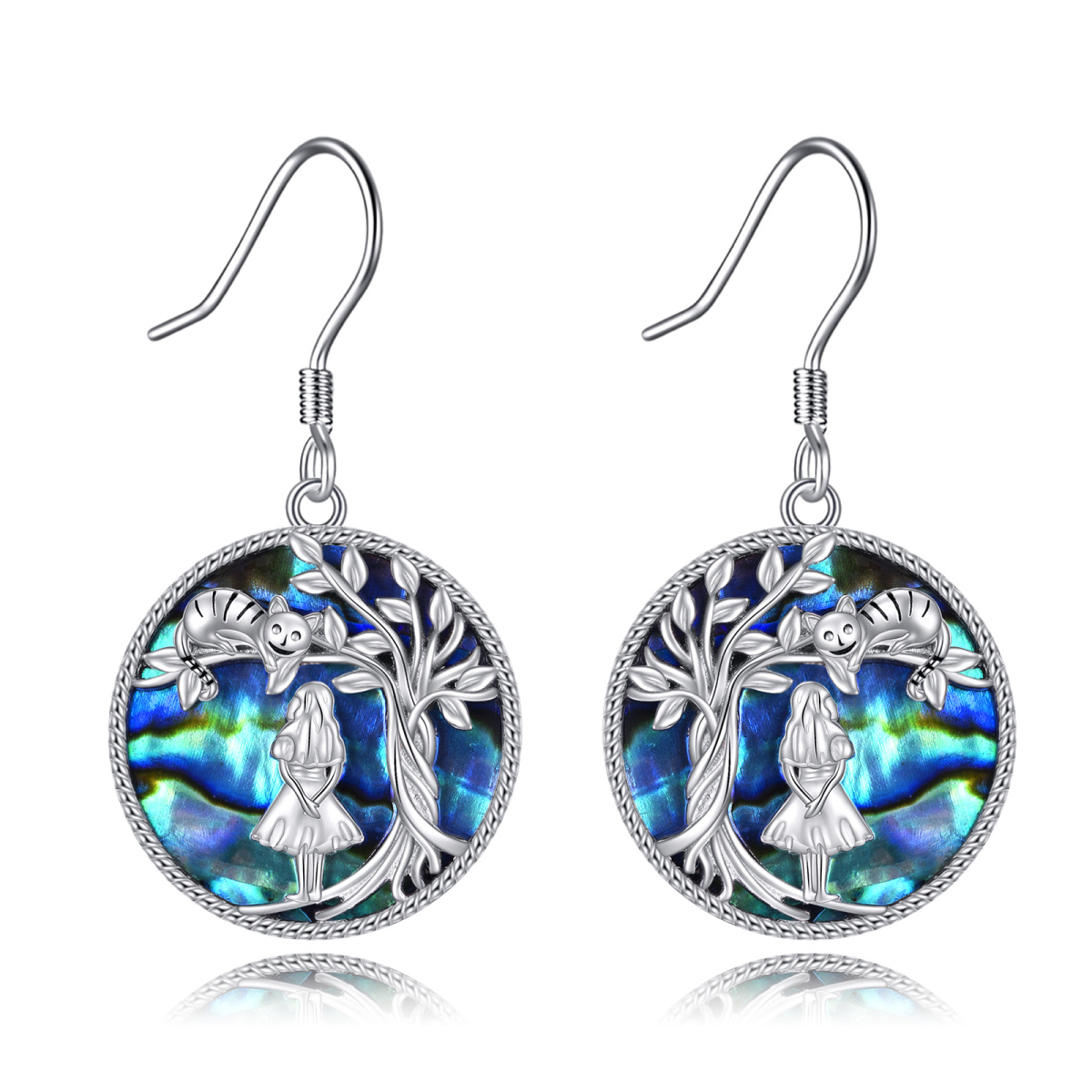 Sterling Silver Round Abalone Shellfish Cat & Tree Of Life Drop Earrings-1