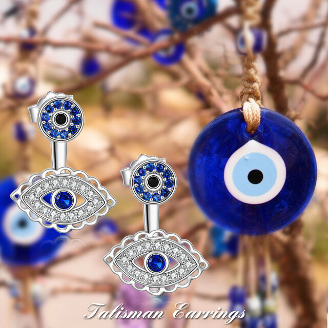 Sterling Silver Circular Shaped Cubic Zirconia Evil Eye Drop Earrings-4