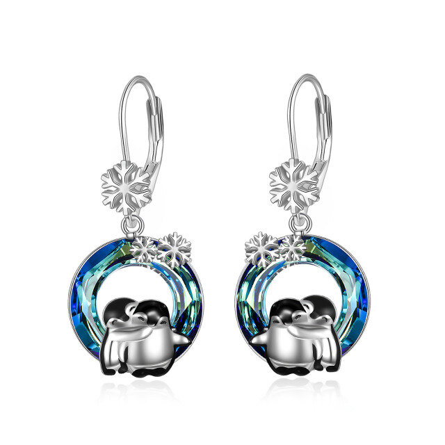 Sterling Silver Circular Shaped Crystal Penguin & Snowflake Lever-back Earrings-4