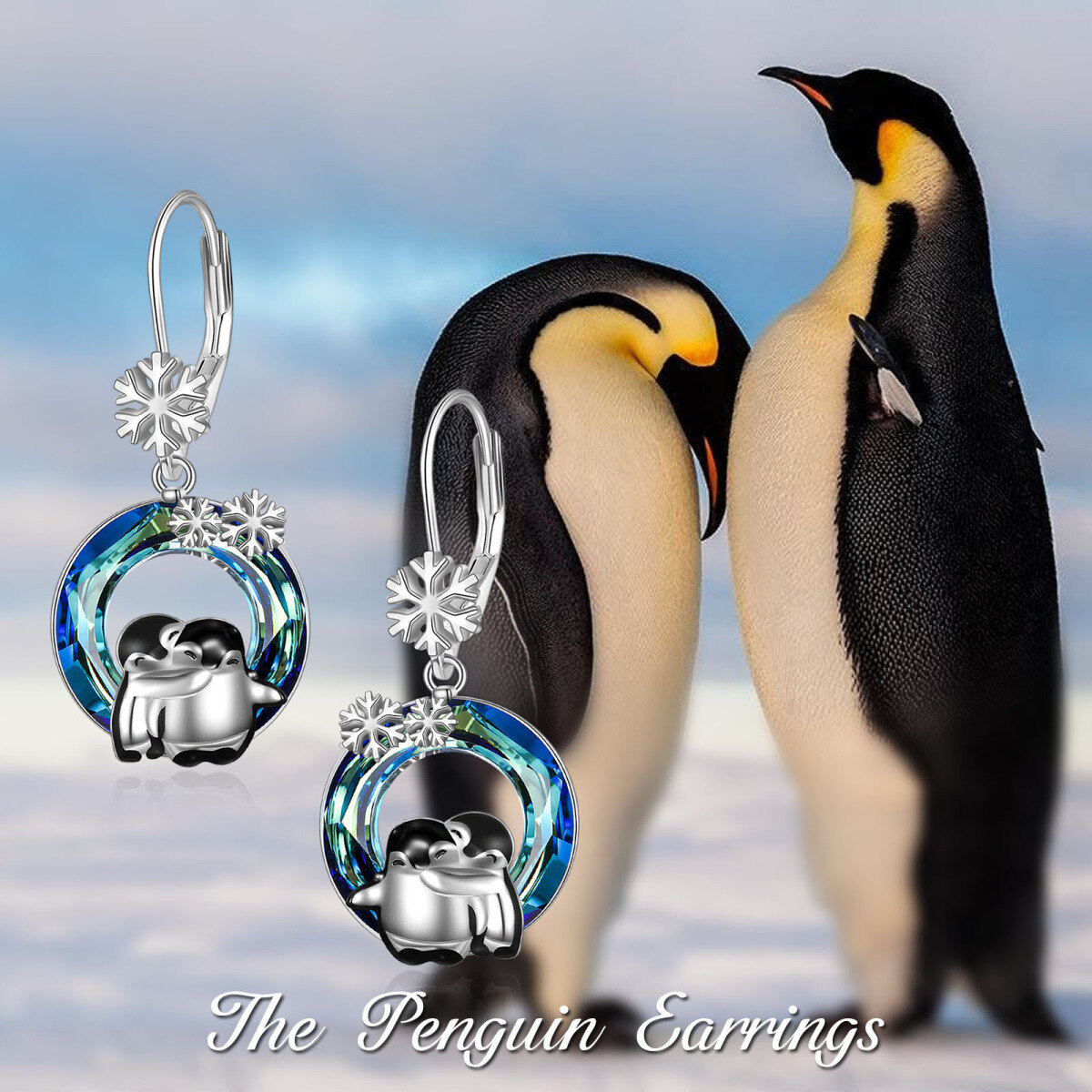 Sterling Silver Circular Shaped Crystal Penguin & Snowflake Lever-back Earrings-6