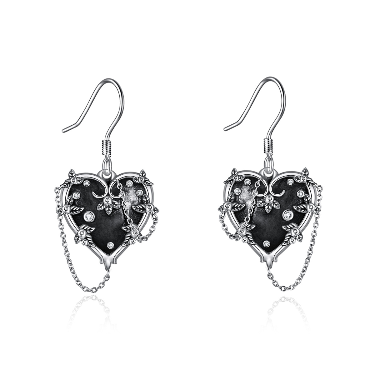 Sterling Silver with Black Rhodium Heart Cubic Zirconia Heart Drop Earrings-1