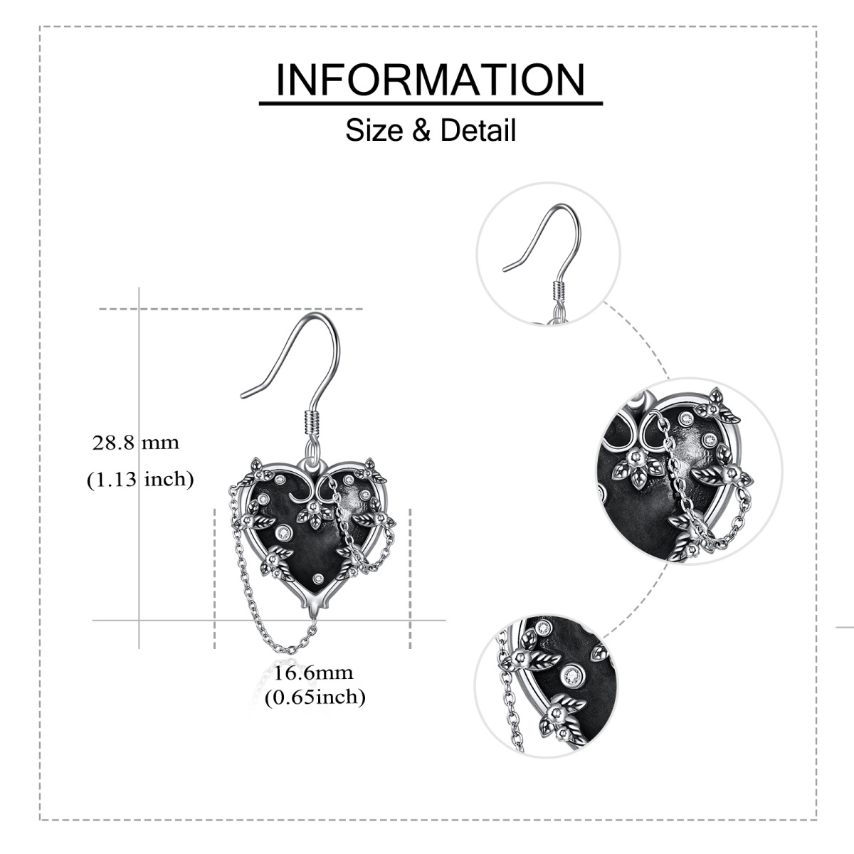 Sterling Silver with Black Rhodium Heart Cubic Zirconia Heart Drop Earrings-6