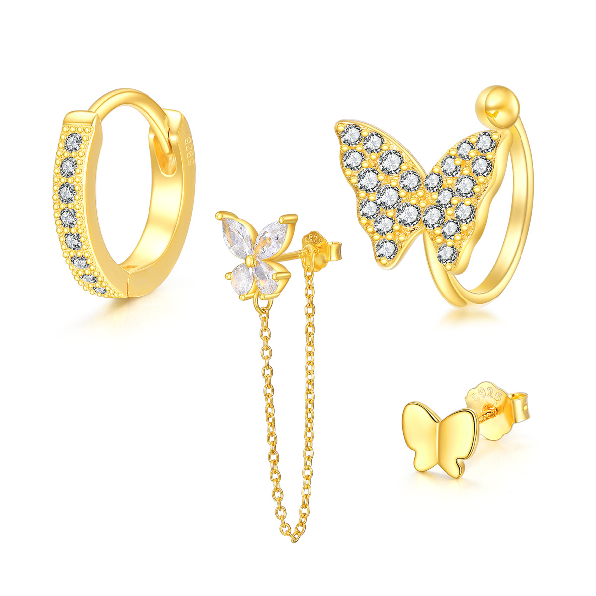 Butterfly Earrings Set 925 Sterling Silver Gold Chain Stud Hoop Earring Jewelry for Women-1