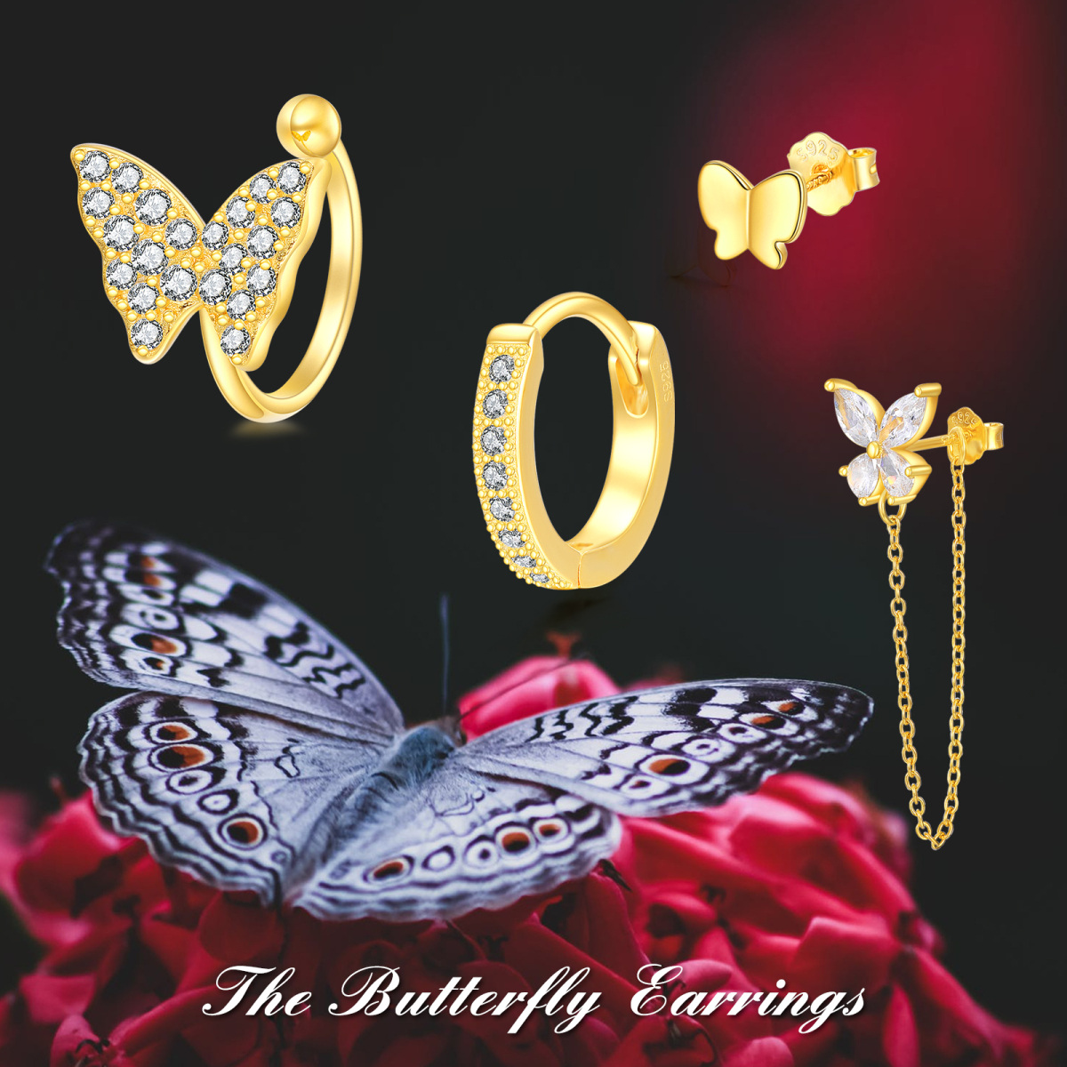 Schmetterlings-Ohrring-Set, 925er Sterlingsilber, Goldkette, Ohrstecker, Creolen, Schmuck für Damen-6