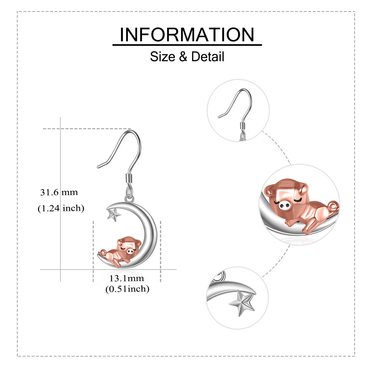 Boucles d'oreilles pendantes cochon et lune en argent sterling bicolore-5