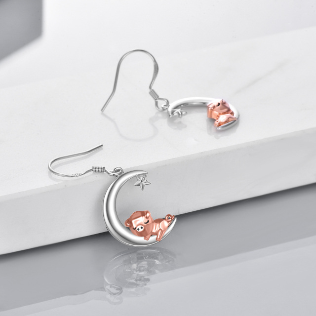 Sterling Silver Two-tone Pig & Moon Drop Earrings-4