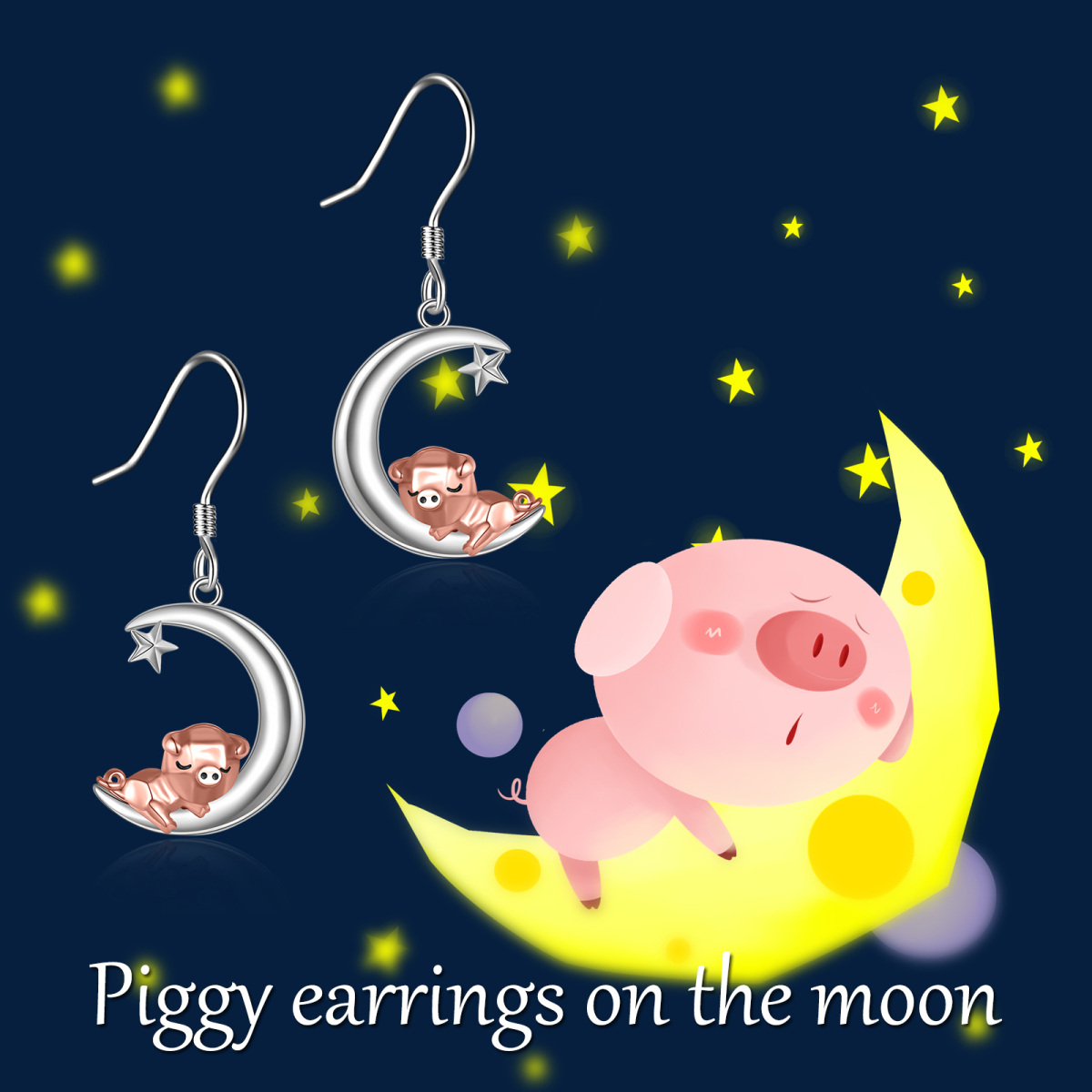 Sterling Silver Two-tone Pig & Moon Drop Earrings-6