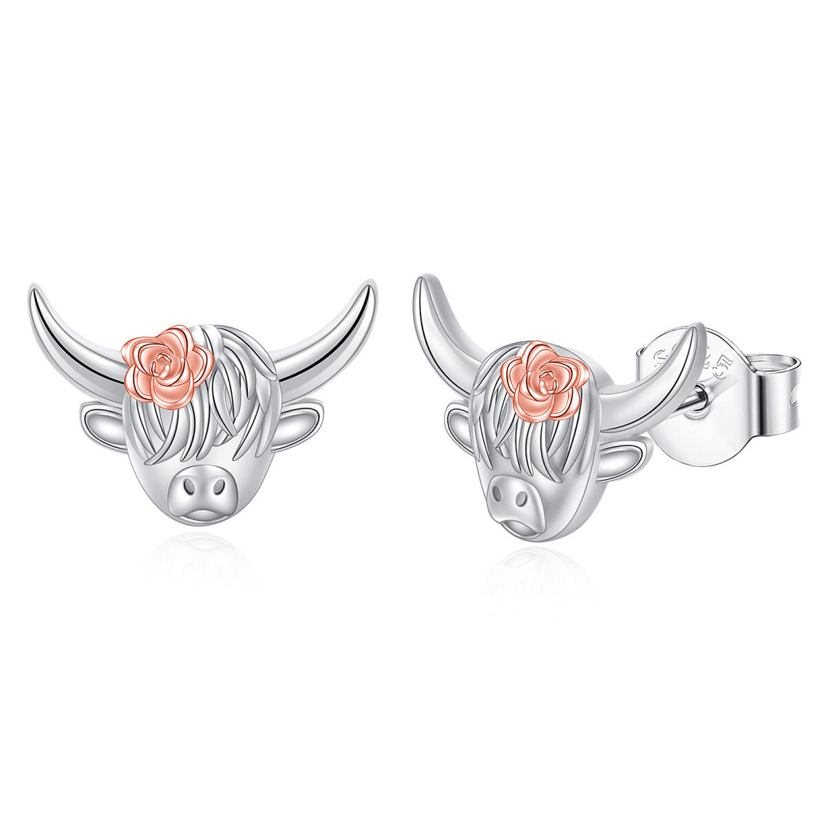 Sterling Silver Two-tone Highland Cow Stud Earrings-1