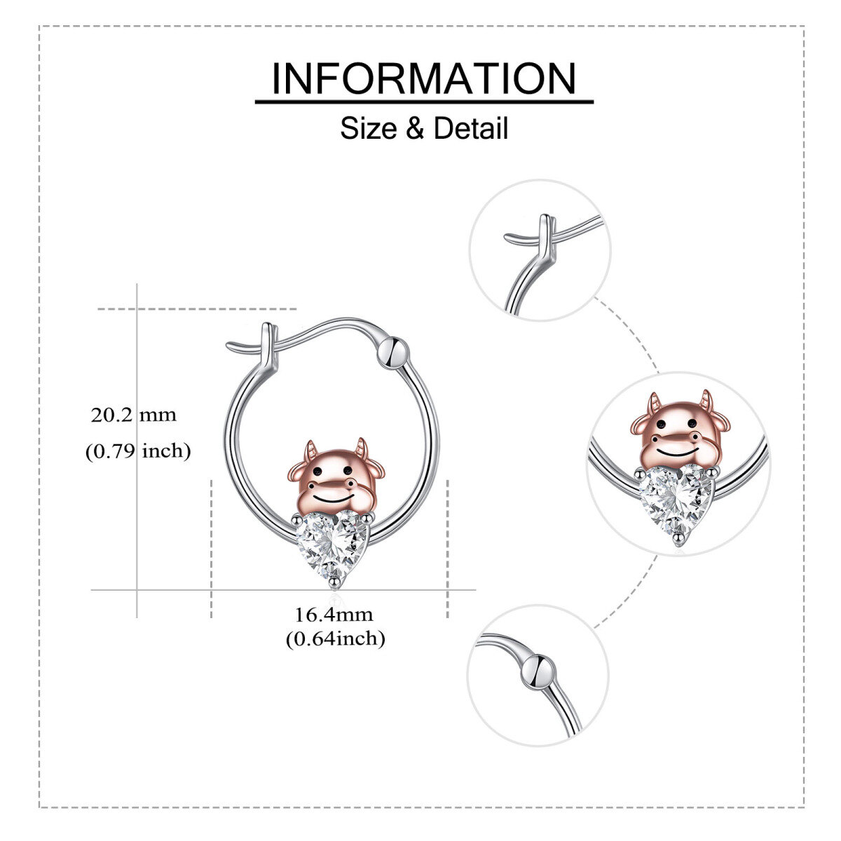 Sterling Silver Two-tone Heart Shaped Cubic Zirconia Cow Hoop Earrings-5