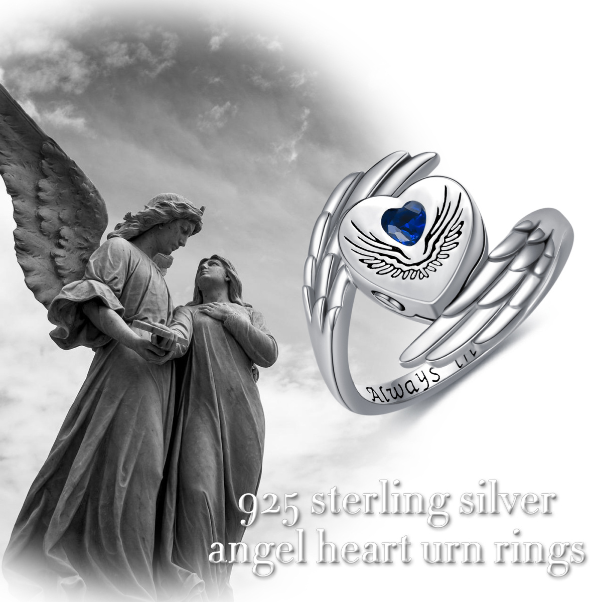 Sterling Silver Zircon Angel Wing Urn Ring-6