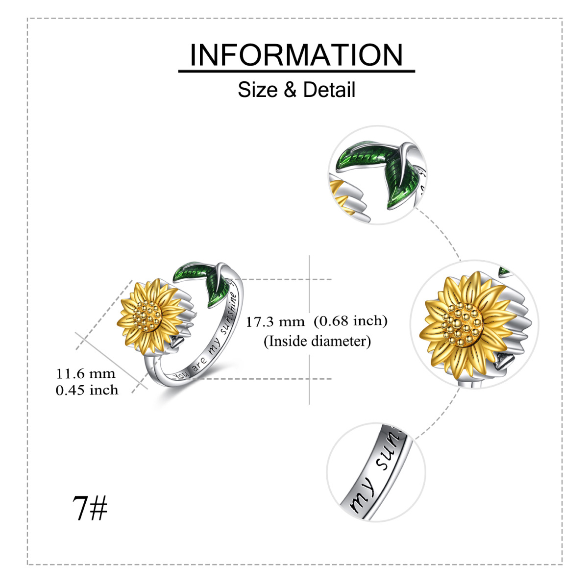 Sterling Silver Two-tone Sunflower Urn Ring with Engraved Word Open Ring-6