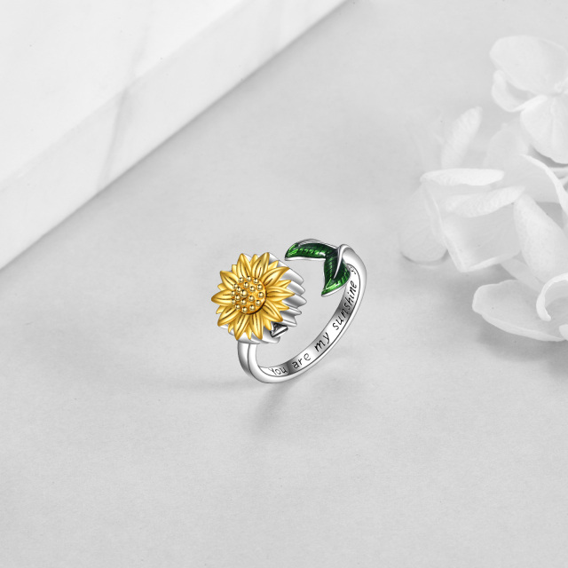 Sterling Silver Two-tone Sunflower Urn Ring with Engraved Word Open Ring-2