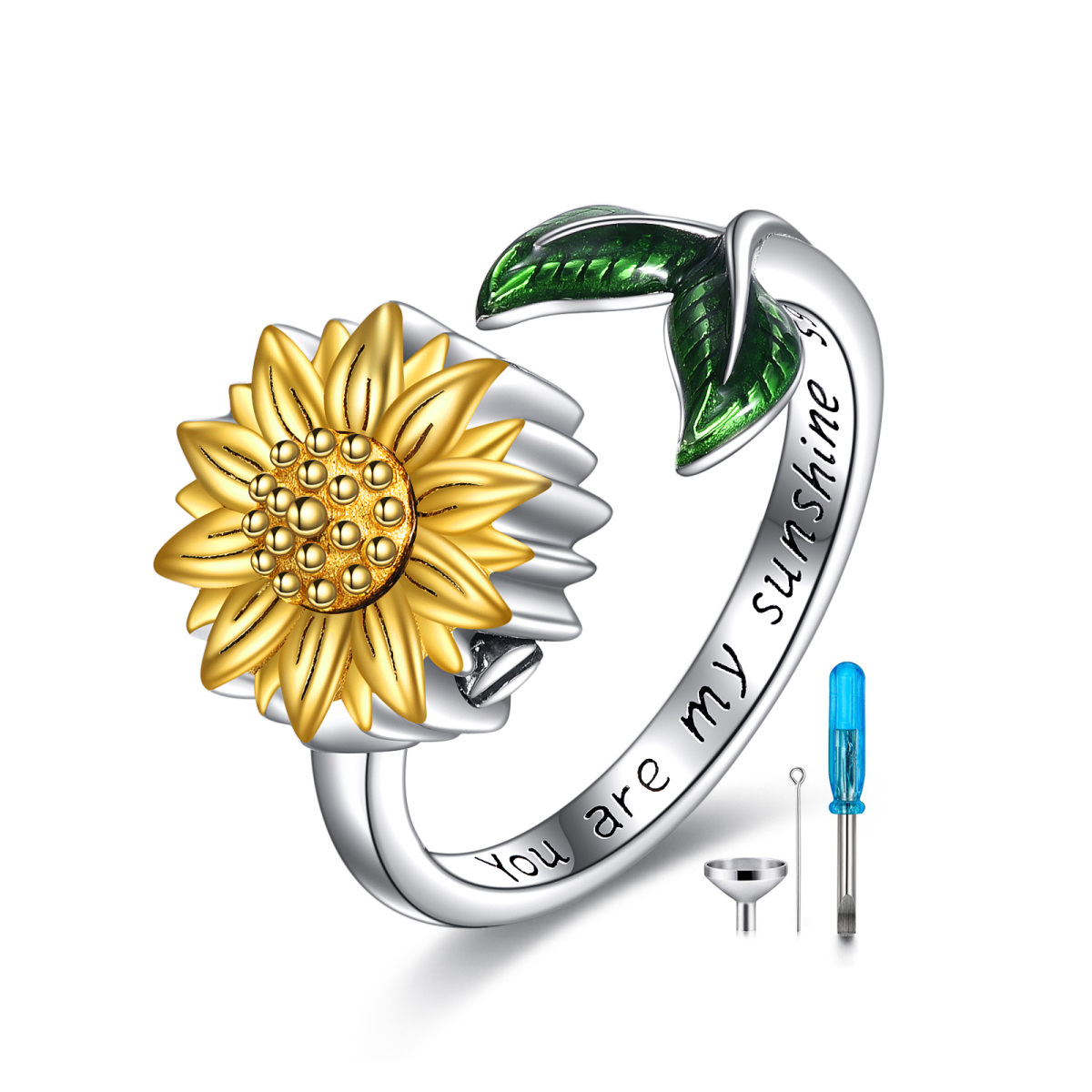 Sterling Silver Two-tone Sunflower Urn Ring with Engraved Word Open Ring-1