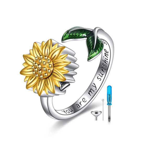 Zweifarbiger Urnenring mit Sonnenblumenmotiv aus Sterlingsilber mit eingraviertem Wort, offener Ring