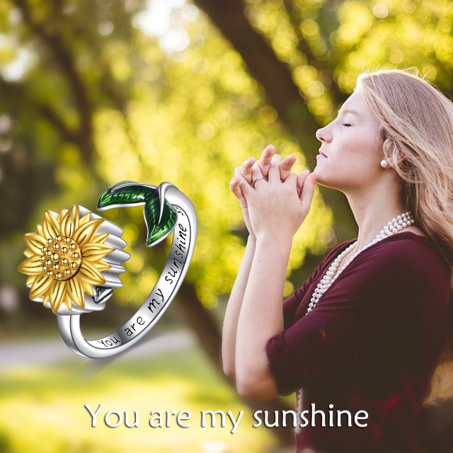 Sterling Silver Two-tone Sunflower Urn Ring with Engraved Word Open Ring-4