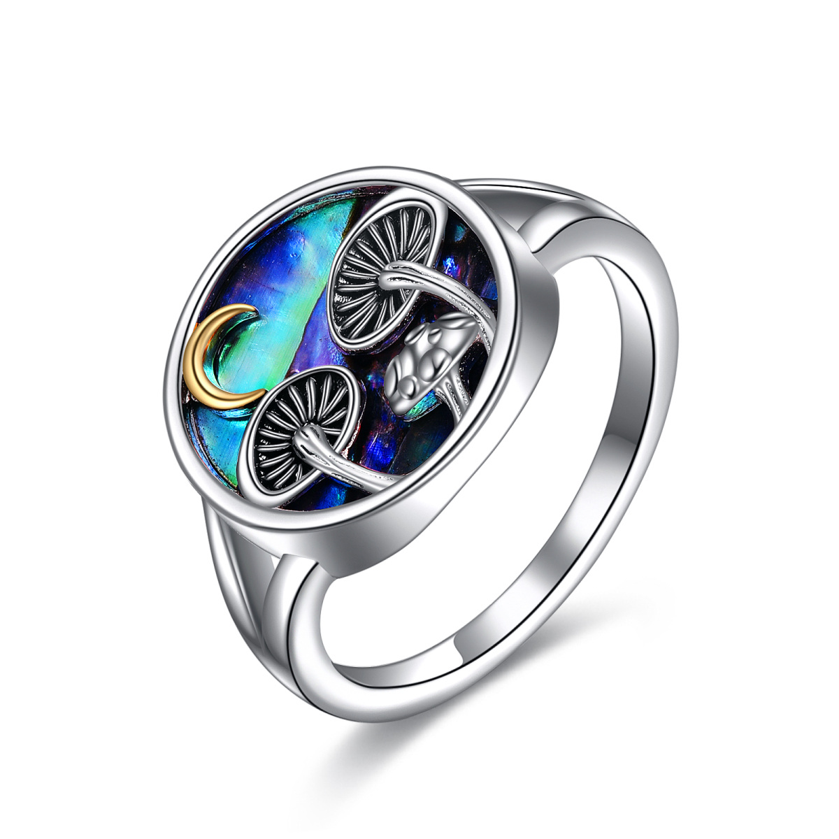 Sterling Silver Two-tone Circular Shaped Abalone Shellfish Mushroom & Moon Ring-1