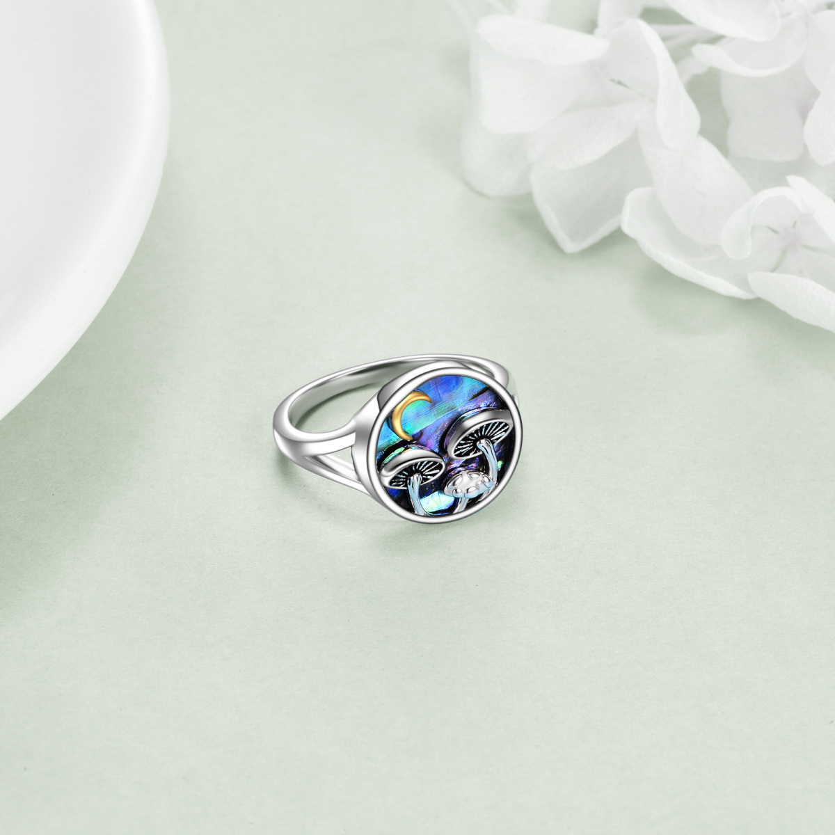 Sterling Silver Two-tone Circular Shaped Abalone Shellfish Mushroom & Moon Ring-4