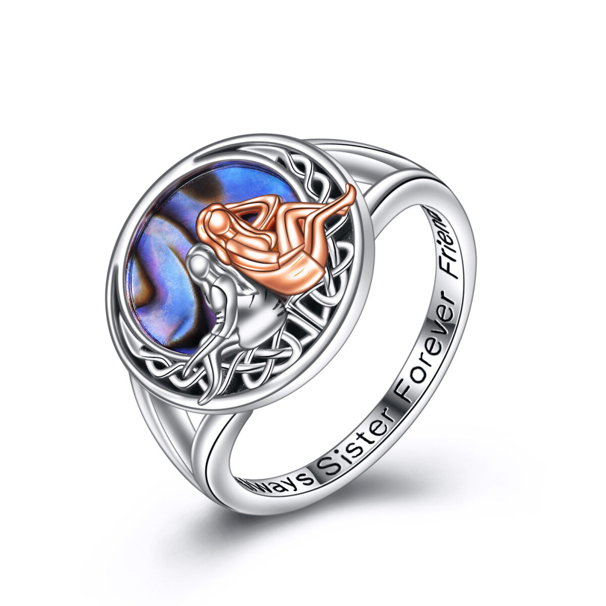 Sterling Silver Two-tone Abalone Shellfish Sisters Ring with Engraved Word-1