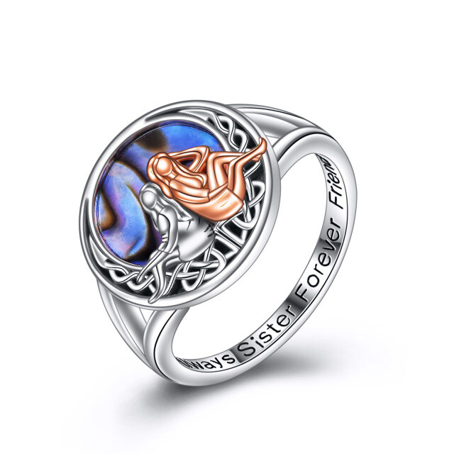 Sterling Silver Two-tone Abalone Shellfish Sisters Ring with Engraved Word-0