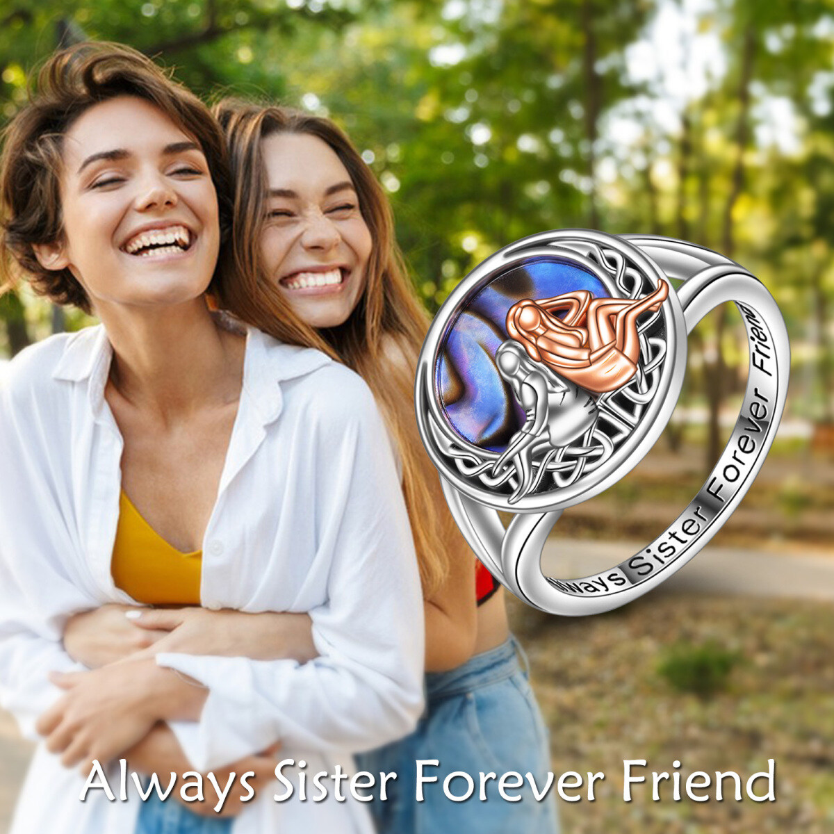 Sterling Silver Two-tone Abalone Shellfish Sisters Ring with Engraved Word-6