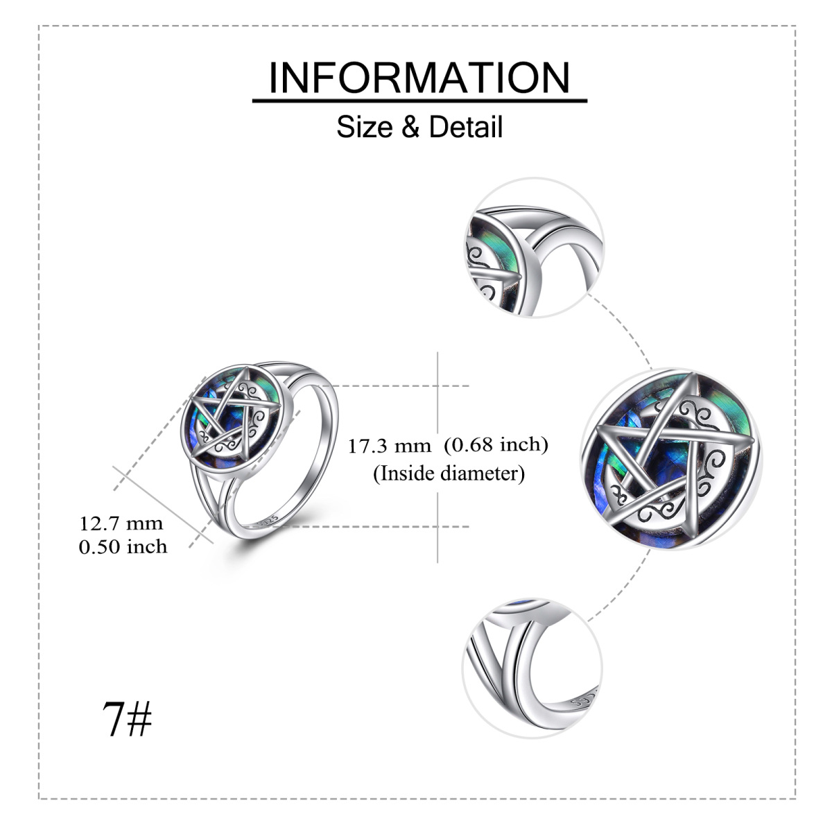Sterling Silber Abalone Schalentier Mond & Pentagramm Ring-6