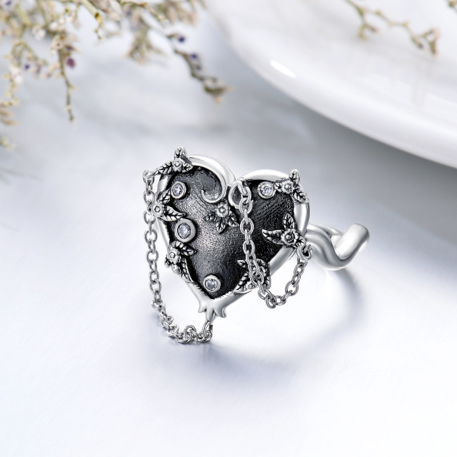 Sterling Silver with Black Rhodium Heart Shaped Cubic Zirconia Personalized Engraving & Heart Ring-1