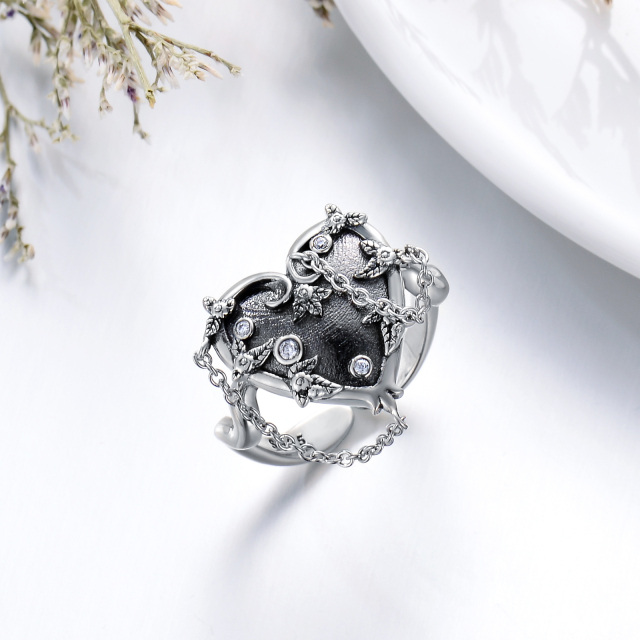 Bague en argent sterling avec rhodium noir en forme de coeur en zircon cubique Gravure per-2