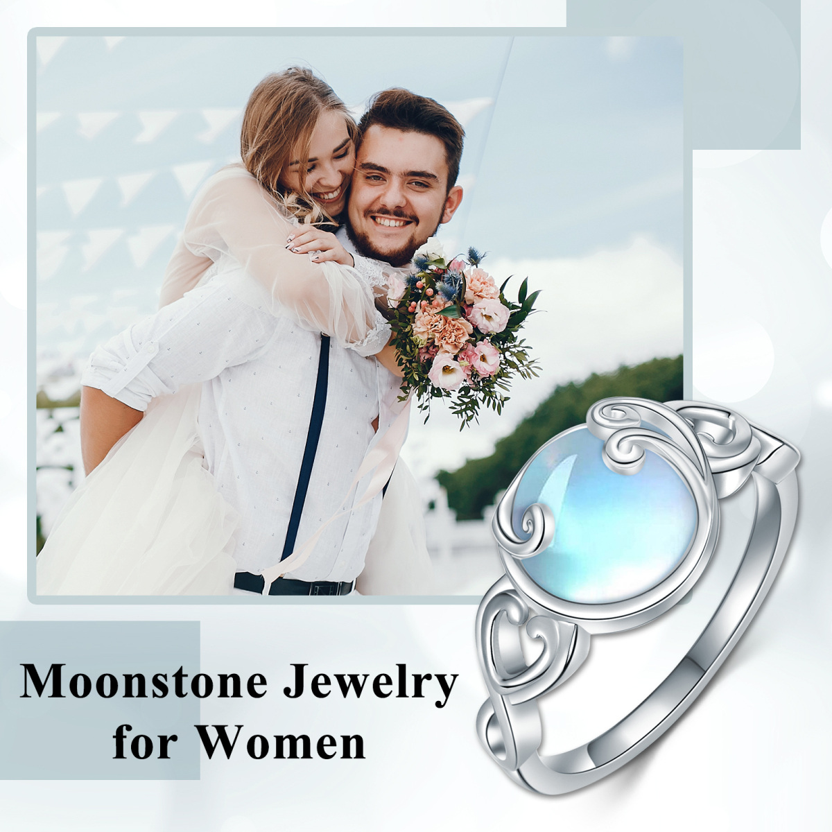 Sterling Silver Round Moonstone Heart Ring-6