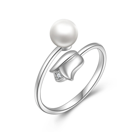 Sterling Silver Circular Shaped Pearl Rose Open Ring