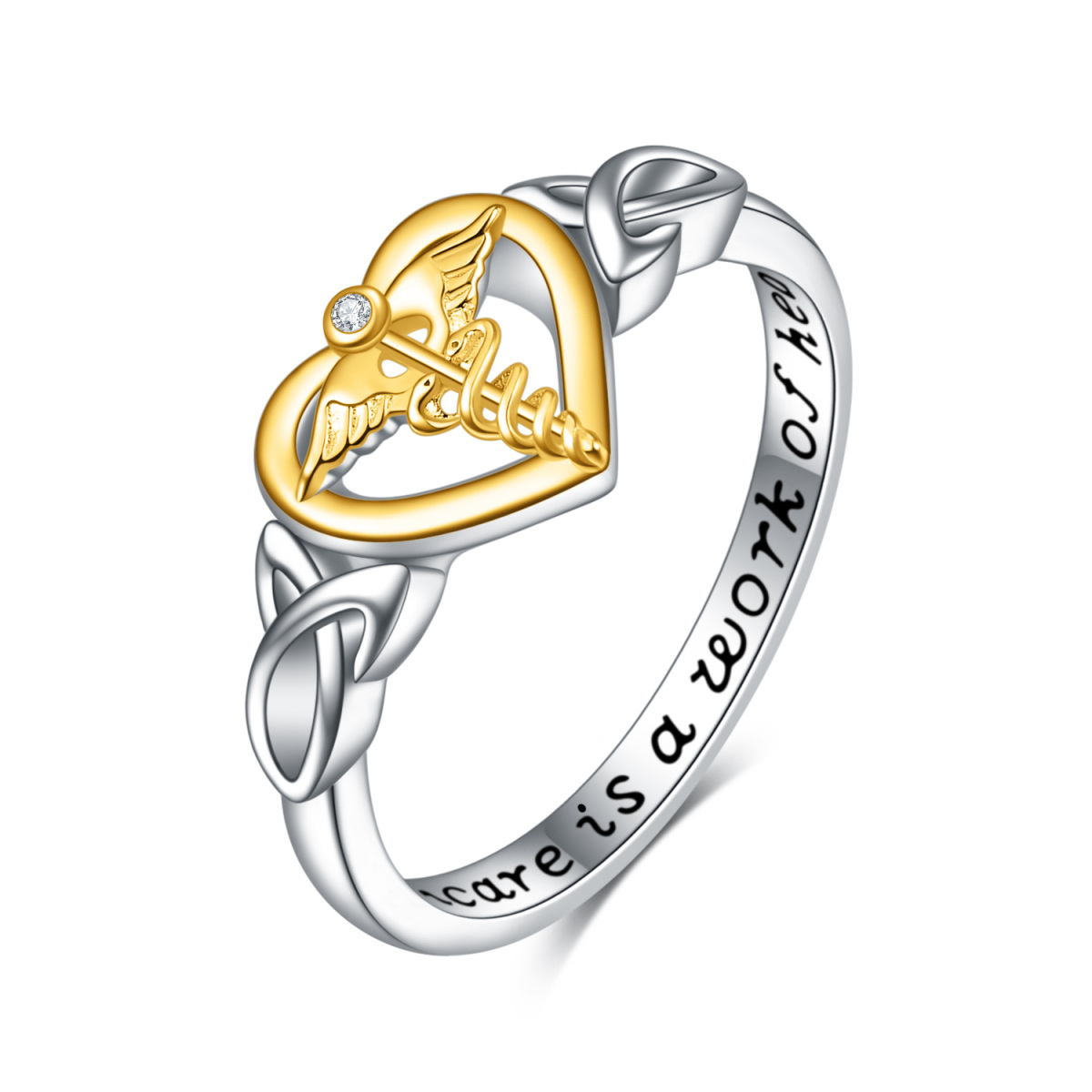 Sterling Silver Two-tone Angel Wing & Heart Ring with Engraved Word-1