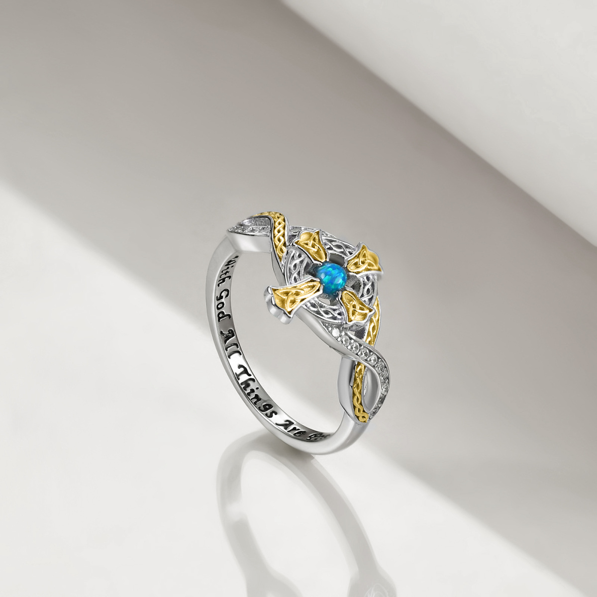 Bague en argent sterling bicolore avec nœud celtique et croix en forme d'opale et mot grav-4