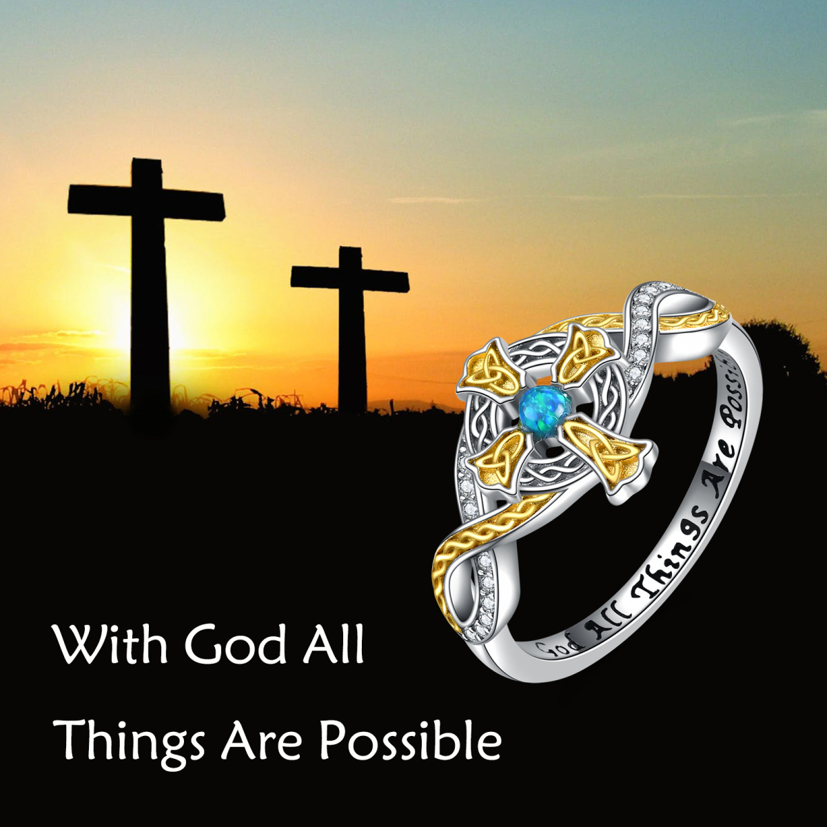 Sterling Silver Two-tone Circular Shaped Opal Celtic Knot & Cross Ring with Engraved Word-6